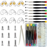 Mingbuy Eyeglass Repair Kit contents with nose pads, screws, and screwdrivers