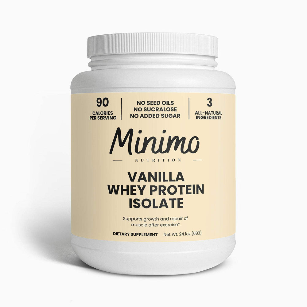Minimo Nutrition Whey Isolate Vanilla bottle pour shows quick, clean protein delivery for post-workout recovery