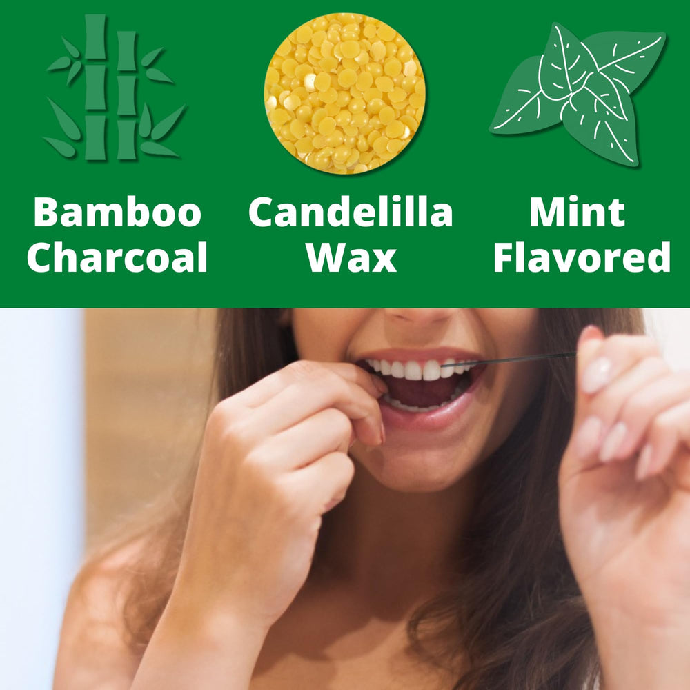 Mint flavored candelilla wax dental floss close-up