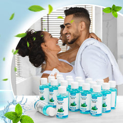 Mint flavored mouthwash in a small bottle