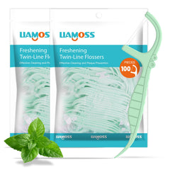 Mint twin-line dental flossers close-up with mint floss