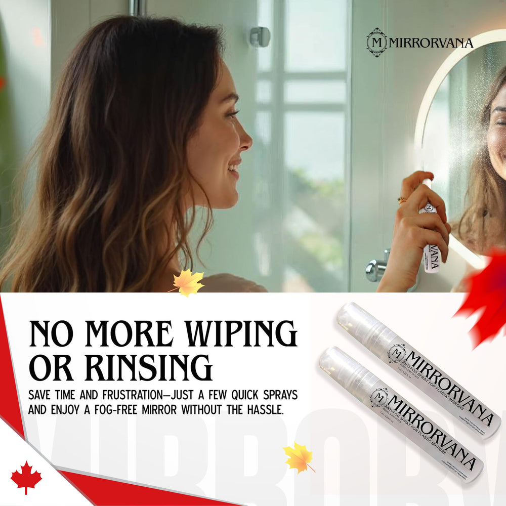 Dispensing MIRRORVANA anti fog spray onto mirror