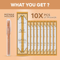 Open pack displaying 10 Miswak toothbrushes