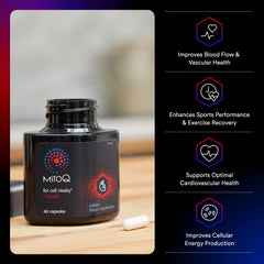 MitoQ +Heart capsules close-up highlights mitochondrial antioxidant support for circulation.