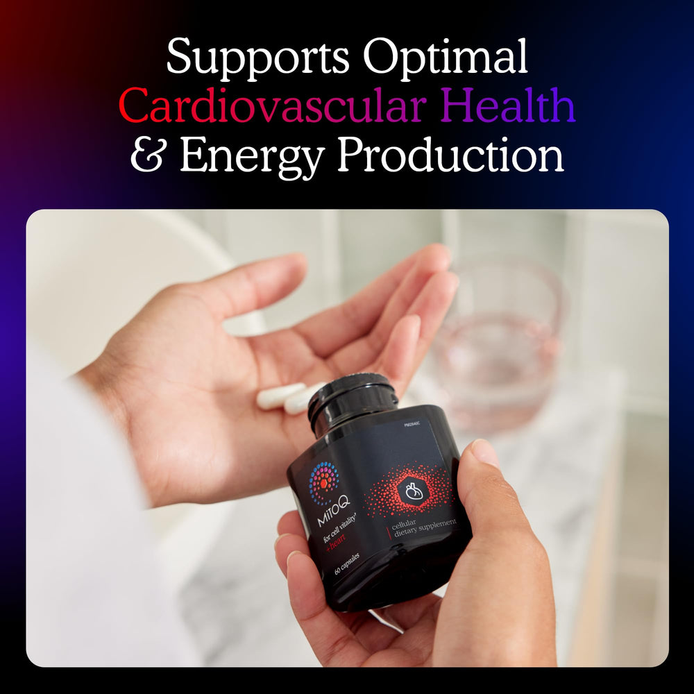 MitoQ +Heart label detail emphasizes Mitoquinol and Vitamin D3 ingredients.