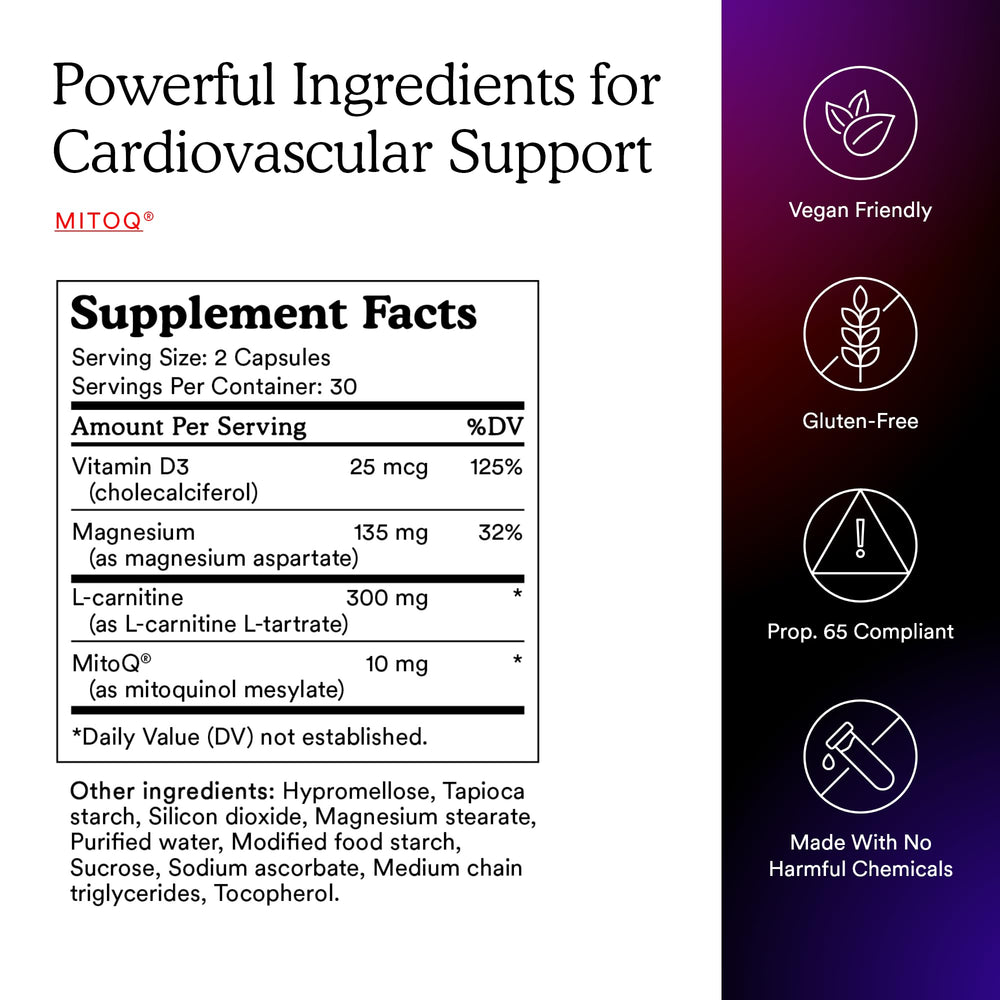 MitoQ +Heart bottle on nightstand signals daily heart health support.