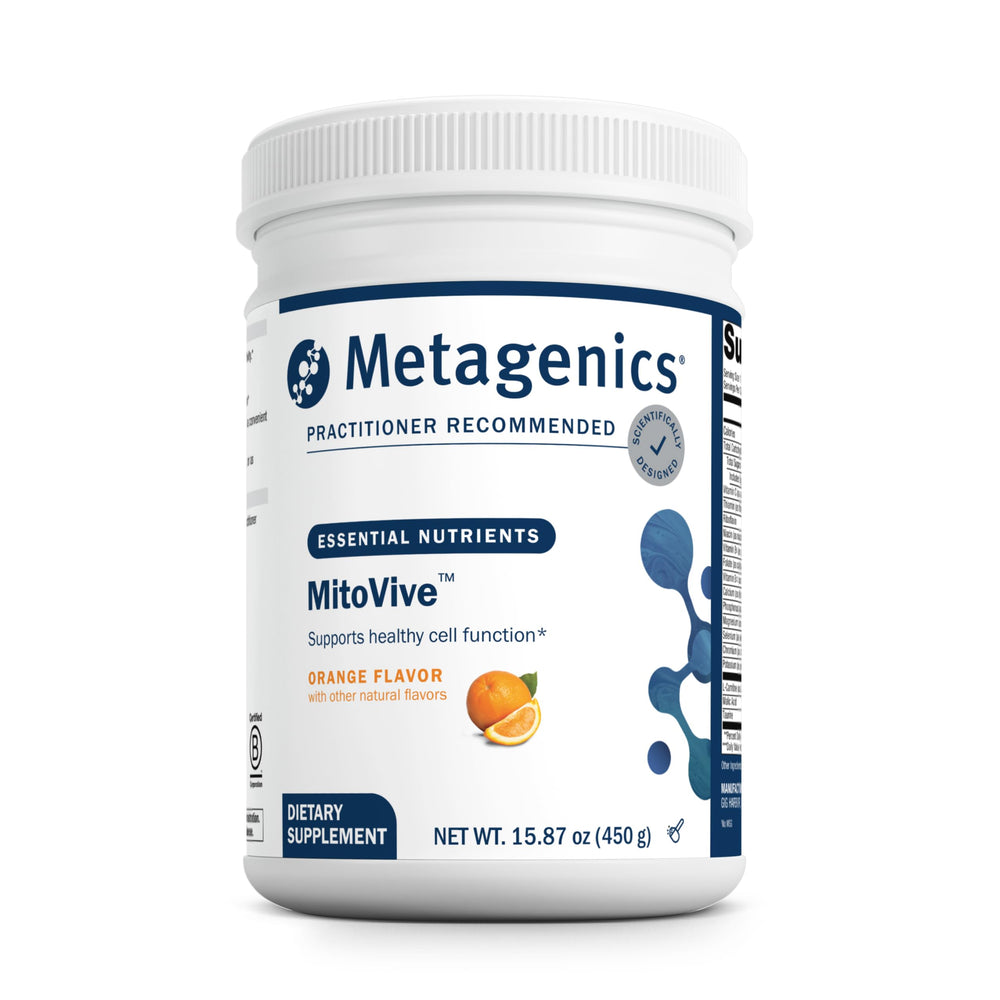Metagenics MitoVive bottle label illustrating mitochondria balance