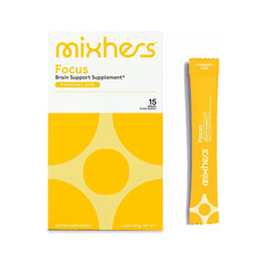 MIXHERS Focus pineapple-berry packet close-up for caffeine-free brain support.