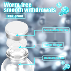 Vials with flip-off caps and self-healing rubber stoppers for resealing