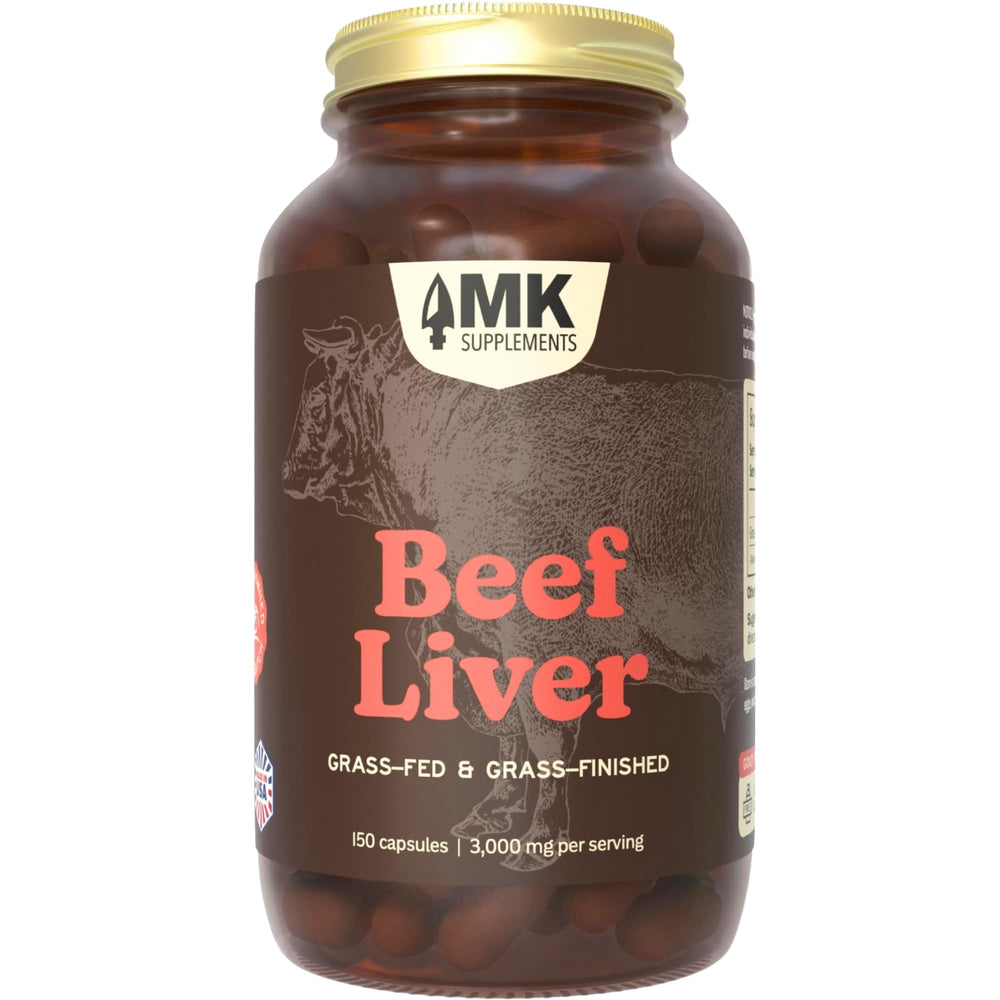 Front view of MK Supplements Grass Fed Beef Liver supplement bottle