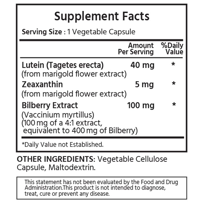 ML Naturals bottle and label for Lutein Zeaxanthin Bilberry 120-veg capsules