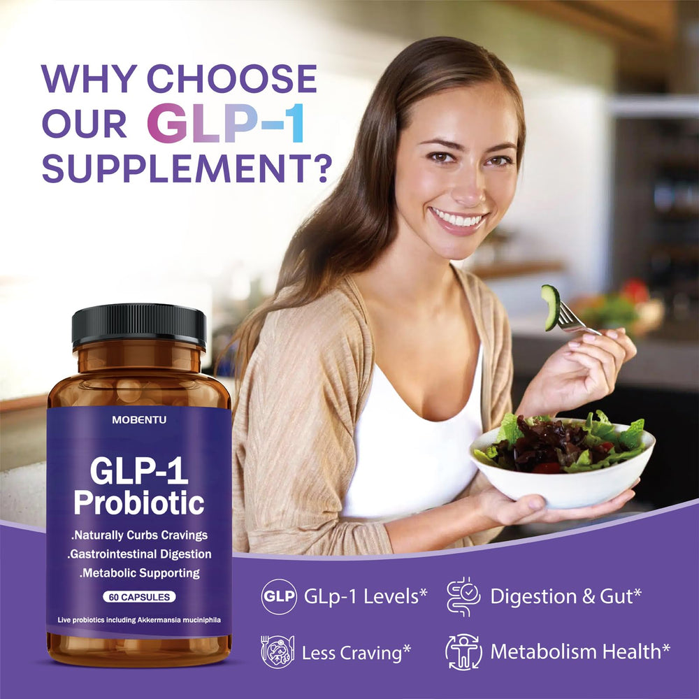 MOBENTU GLP-1 Probiotic packaging box highlights vegan and gluten-free.