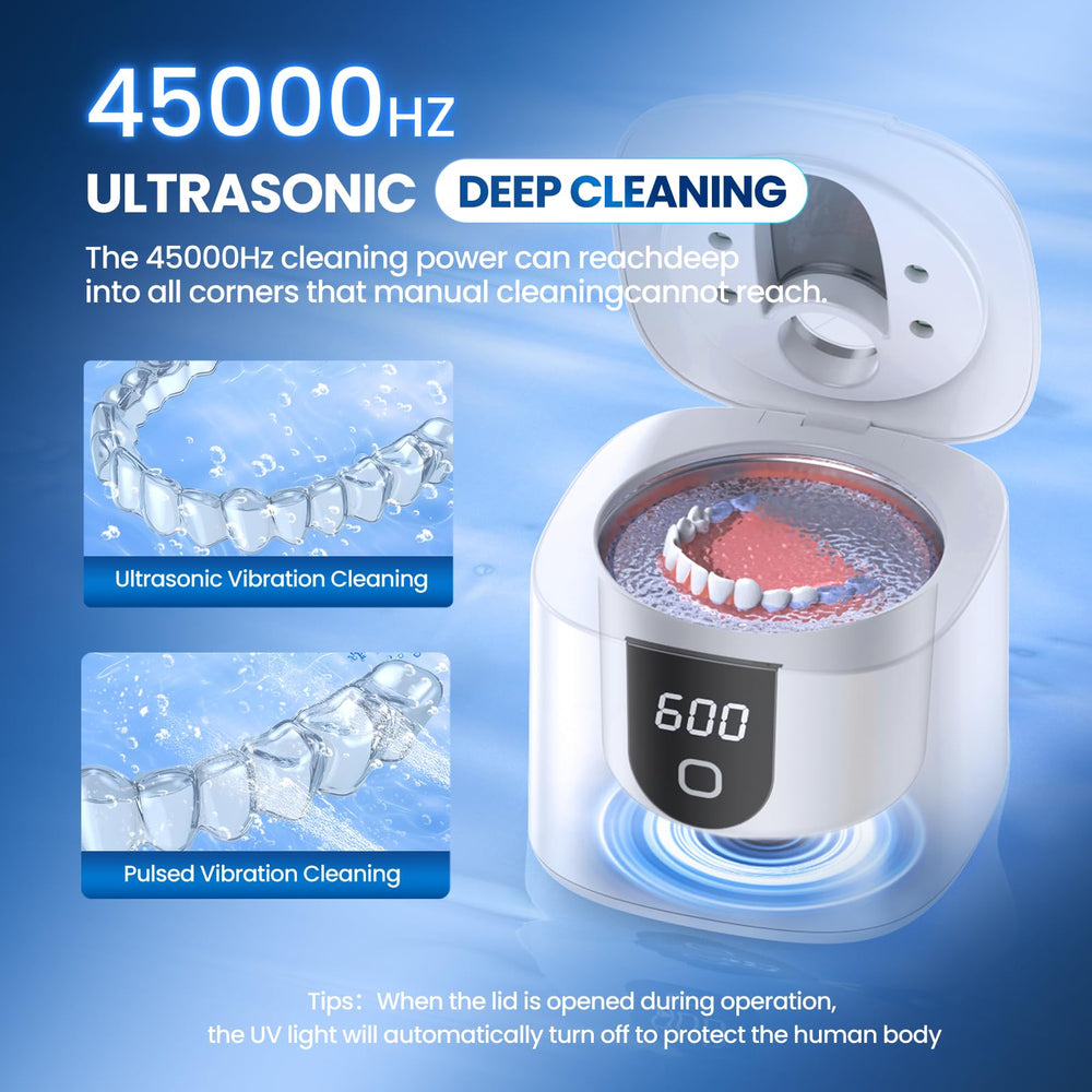 Aligners and dentures cleaned by Moeila ultrasonic cleaner