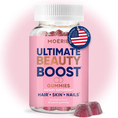 Moerie Hair Skin Nails Gummies – hero image with bottle and gummies