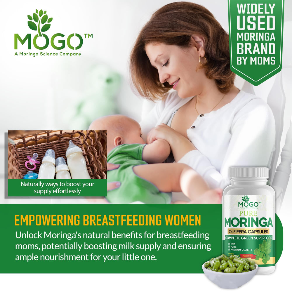 MOGO Moringa bottle with green leaves background