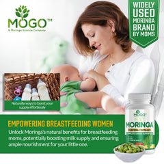 MOGO Moringa bottle with green leaves background