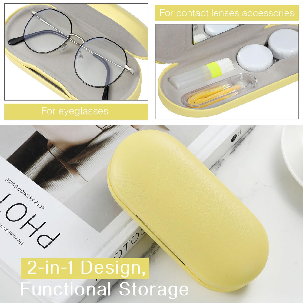 Inside view showing separate compartments for eyeglasses and contact lens accessories.