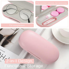 Open MoKo case showing two compartments for glasses and contact lenses, pink