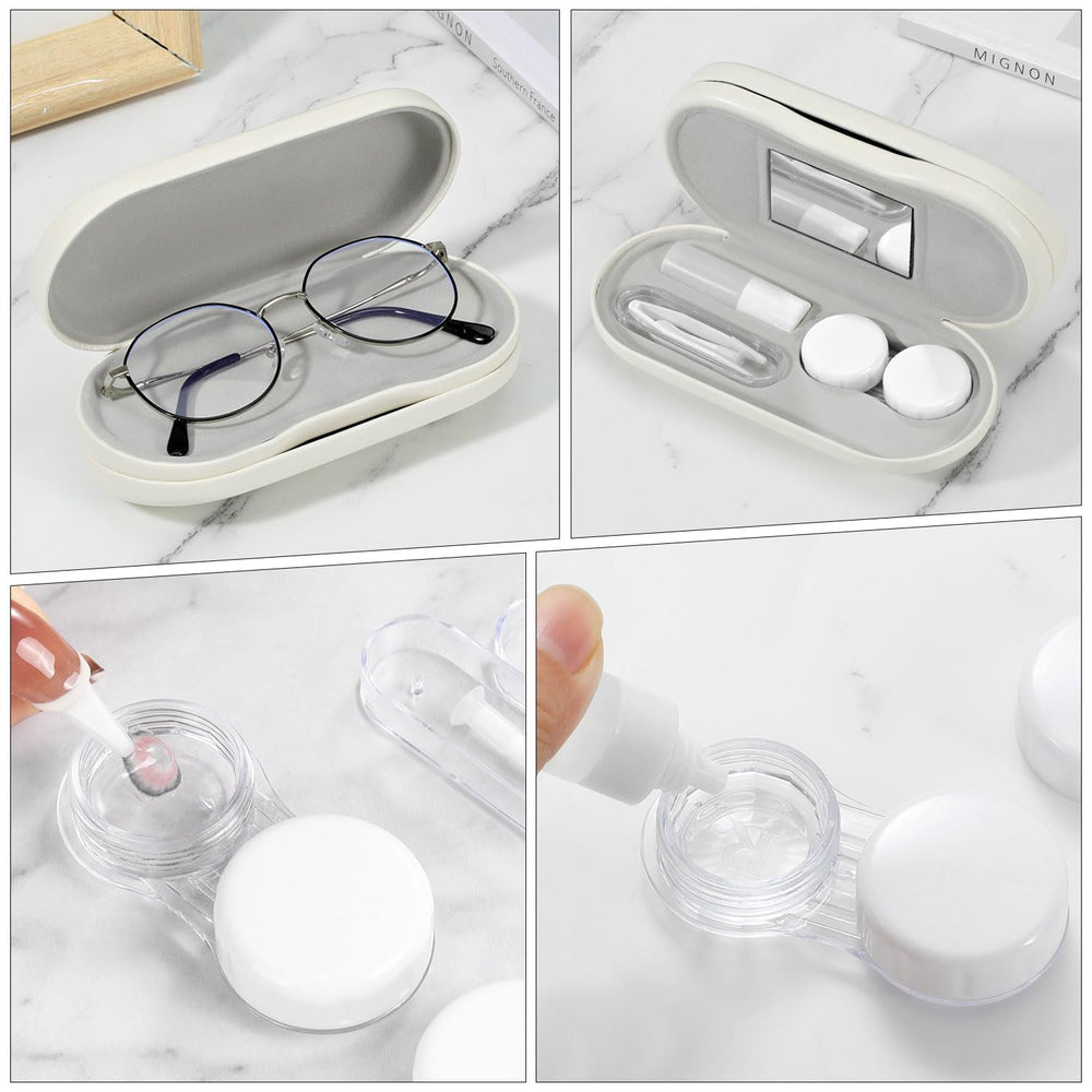 Beige case with integrated storage for glasses and lenses