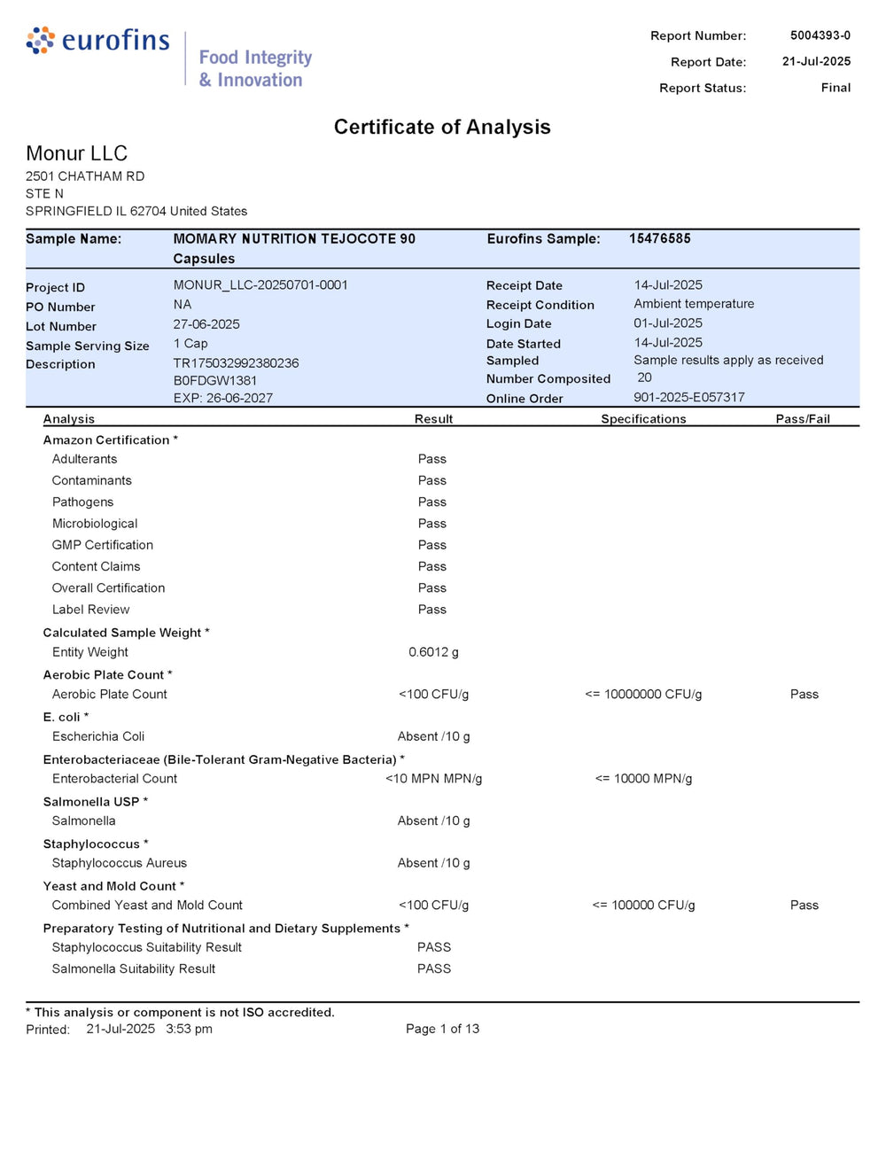 Momary Nutrition Ingredient label highlights plant-based, additive-free formula.
