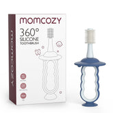 Blue Momcozy baby toothbrush with suction base