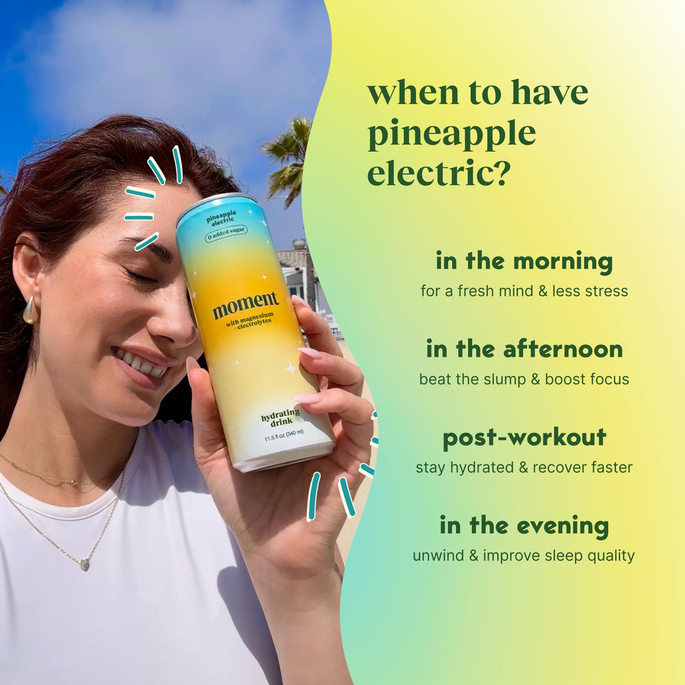 Moment Pineapple Electric glass pour demonstrates electrolyte balance with magnesium, potassium, sodium for energy and focus.