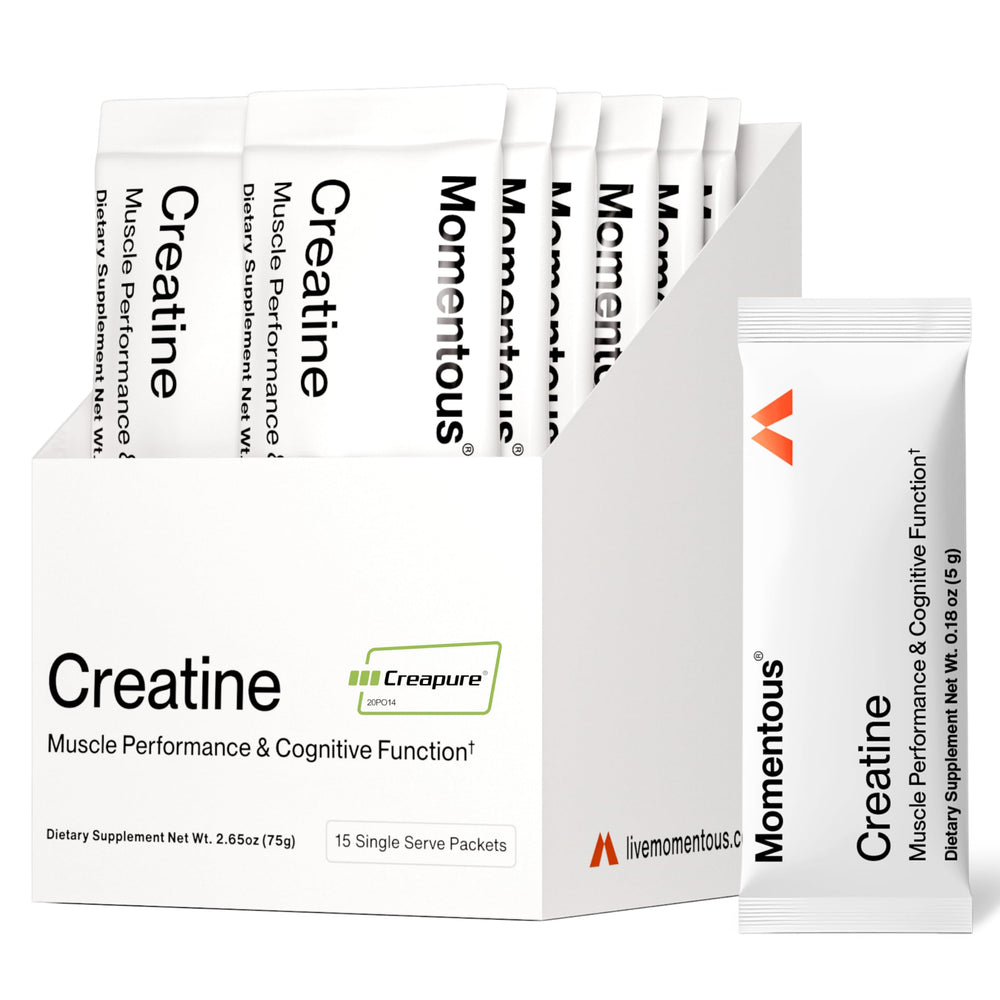 Momentous Creapure label on creatine monohydrate powder