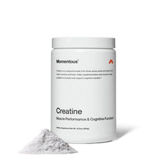 Momentous Creatine Monohydrate powder bottle label highlighting Creapure purity for sport.