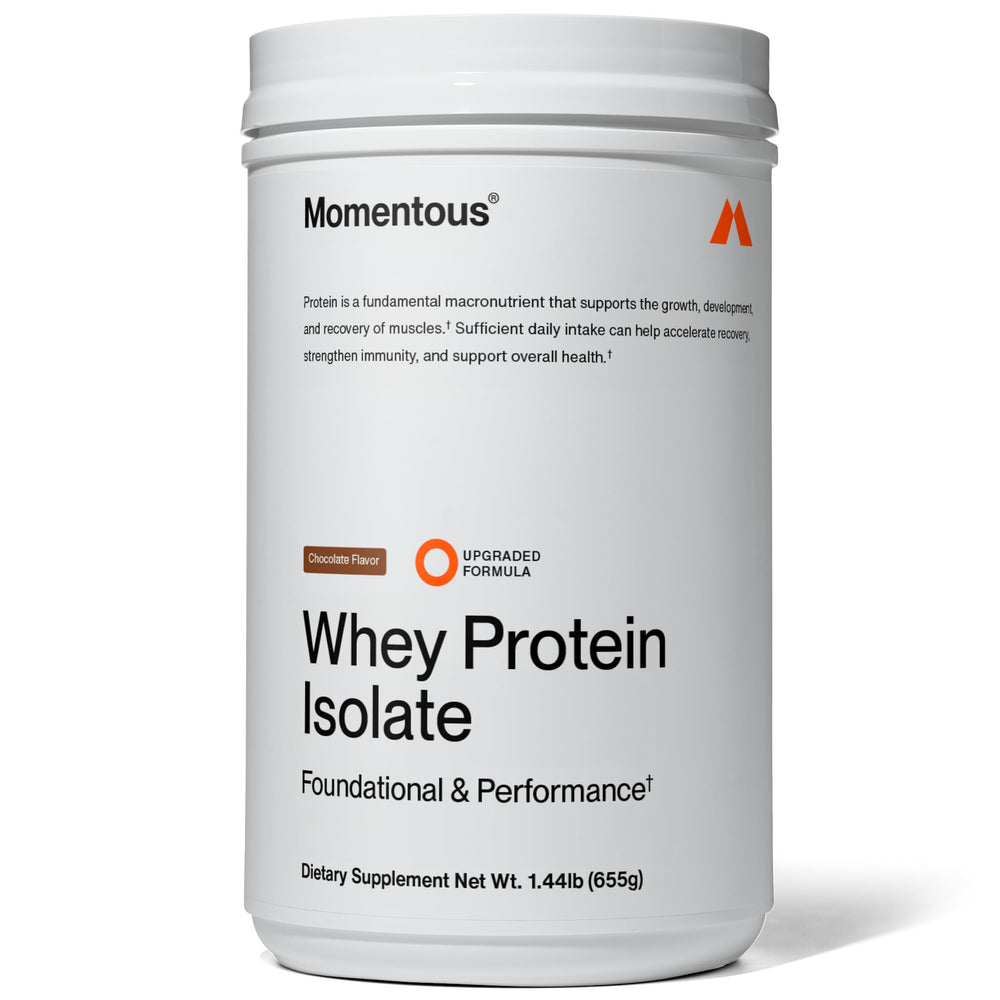 Container of Momentous Essential Grass-Fed Whey Protein Powder in Chocolate flavor