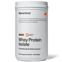 Container of Momentous Essential Grass-Fed Whey Protein Powder in Chocolate flavor