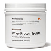 Momentous Essential Grass-Fed Whey Protein Powder tub front for daily workouts.