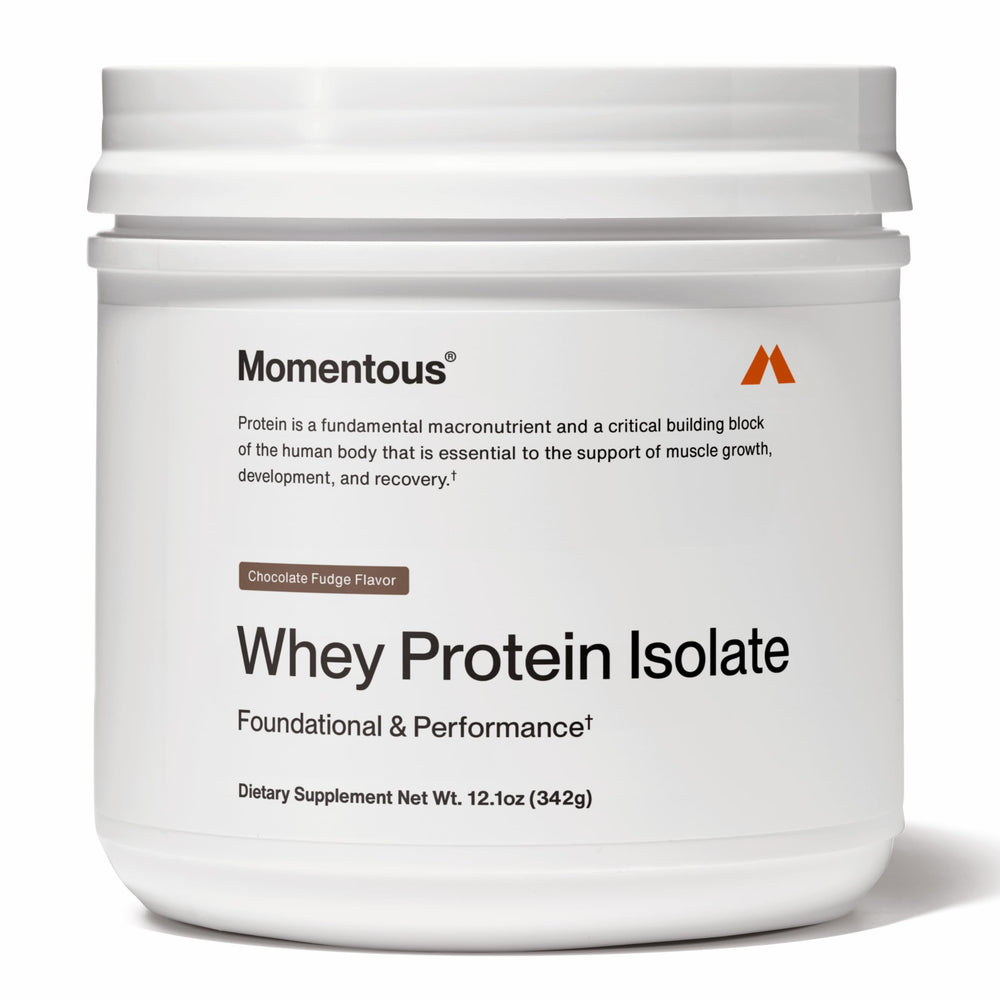 Momentous Essential Grass-Fed Whey Protein Powder tub front for daily workouts.