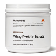 Momentous Essential Grass-Fed Whey Protein Powder tub front for daily workouts.