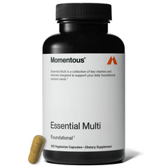 Front view of Momentous Essential Multivitamin bottle for women and men