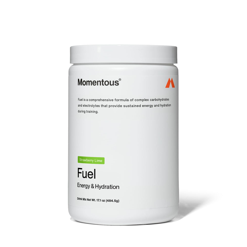 Momentous Fuel strawberry-lime tub front promotes sustained energy for workouts.