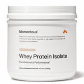 Momentous grass-fed whey protein powder in chocolate coconut flavor tub