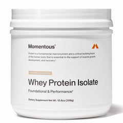 Momentous grass-fed whey protein powder in chocolate coconut flavor tub