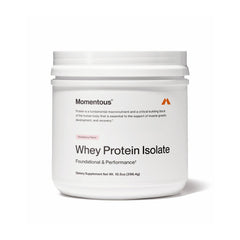 Momentous Grass-Fed Whey Protein Powder Strawberry tub front view