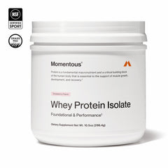 Strawberry-flavored Momentous whey protein close-up
