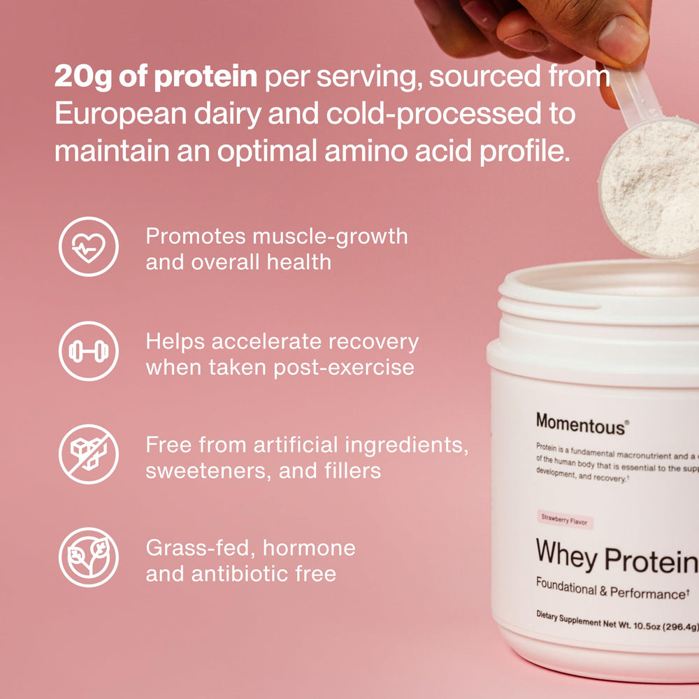 Serving scoop with Momentous grass-fed whey protein powder