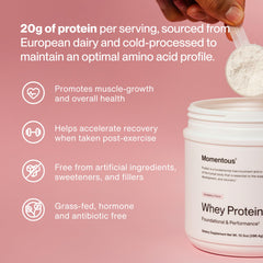 Serving scoop with Momentous grass-fed whey protein powder