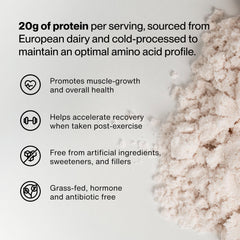 Momentous Strawberry flavored whey protein powder in container