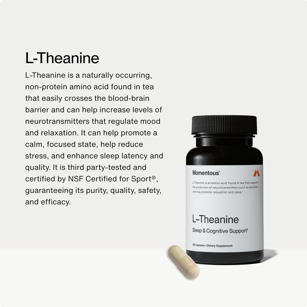 Back view of Momentous L-Theanine 200 mg capsules showing label
