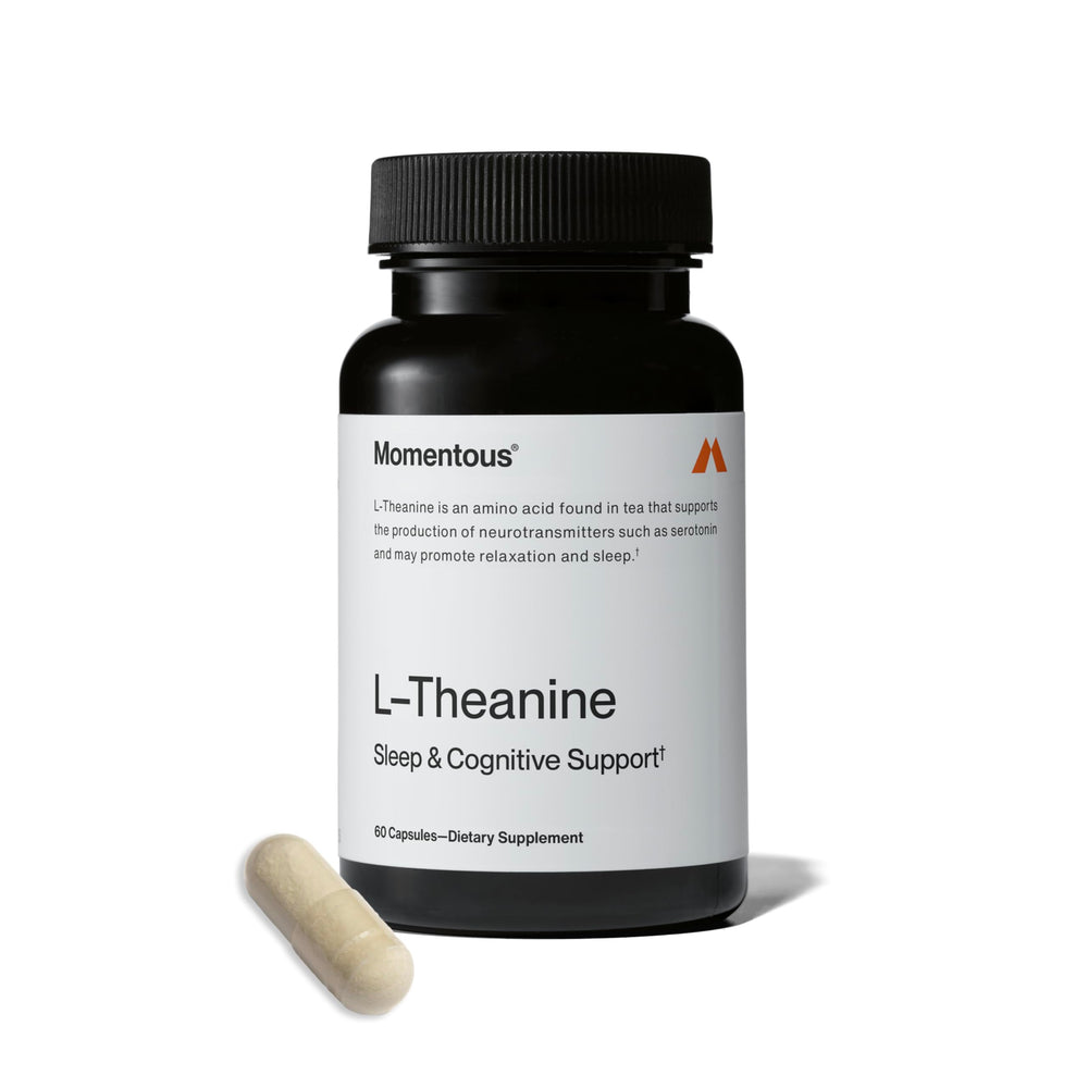 Front view of Momentous L-Theanine 200 mg capsules