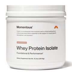 Momentous spiced chai whey powder tub ready for post-workout protein boost