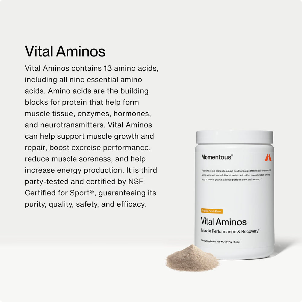 Close-up of Vital Aminos nutrition label highlighting 13 amino acids