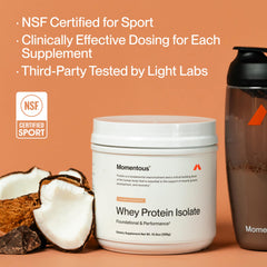 Gluten-free certification on Momentous whey protein packaging