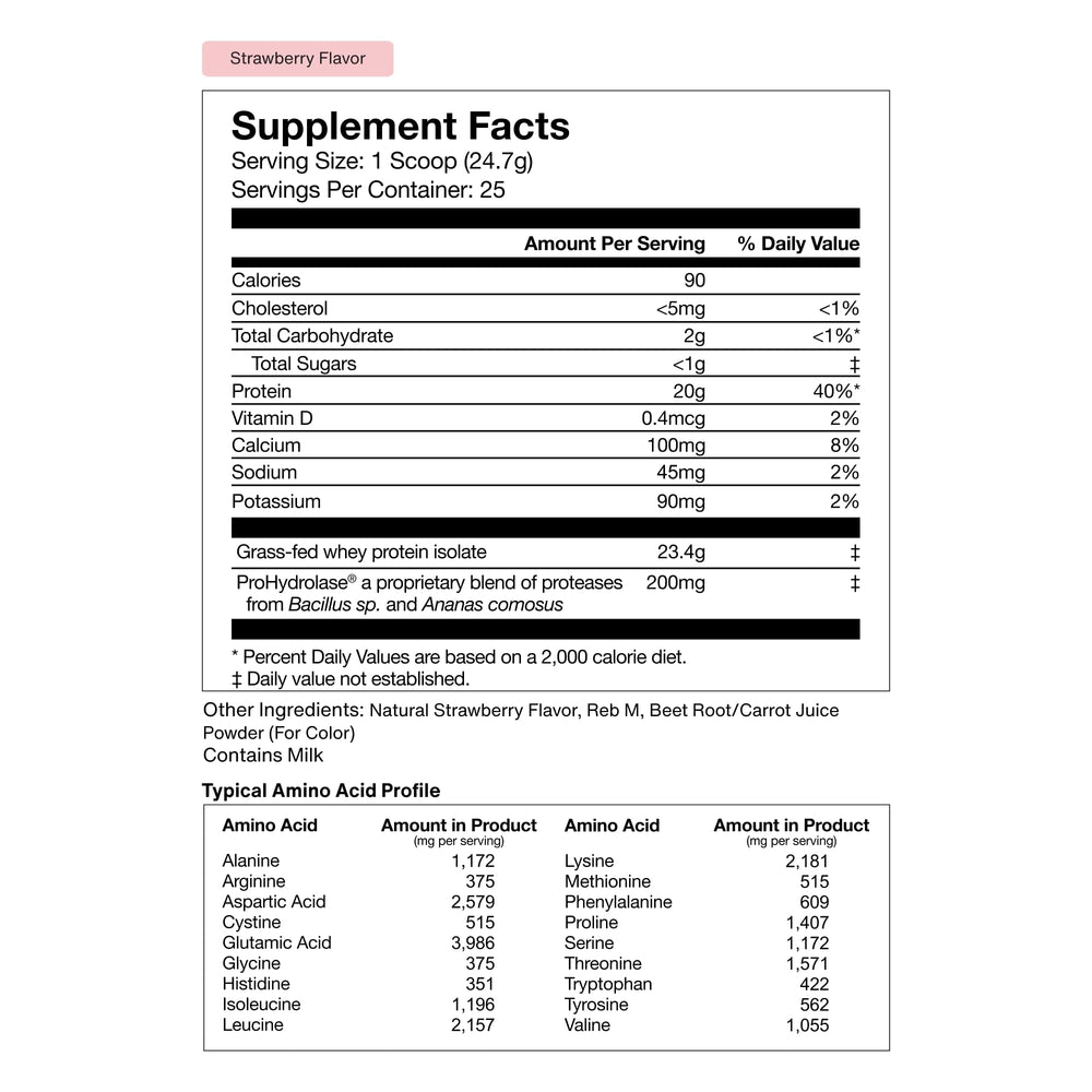 Ready-to-drink strawberry whey shake served in a glass