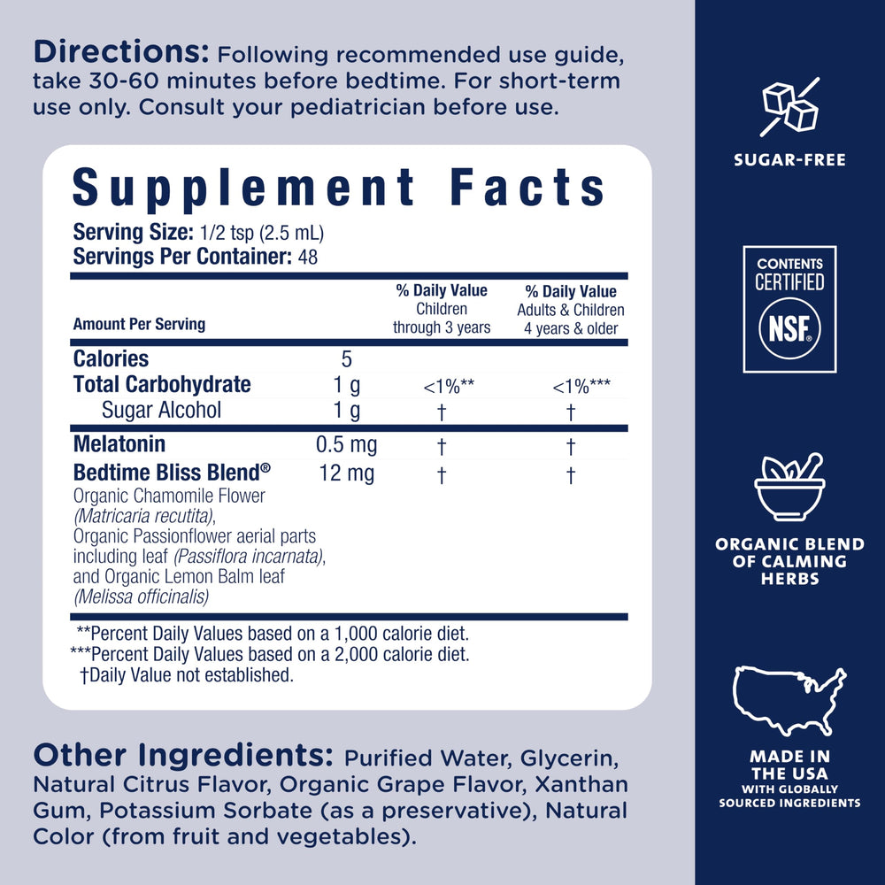 Bedtime Blend ingredients: organic chamomile, lemon balm, passion flower
