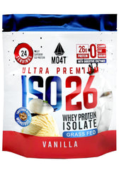 MOMOF4TRANSFORM iso26 grass-fed whey isolate vanilla pouch – protein-packed shake base.